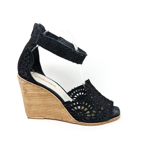 Jeffrey Campbell Shoes - Jeffrey Campbell Womens 10 Del Sol Black Ankle Strap Open Toe Wedge Wood Sandals